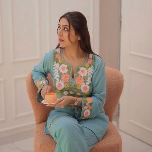 Teal blue mul Coord set with hand embroidery