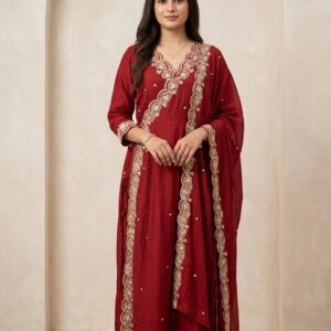 Blood red mul chanderi three piece set