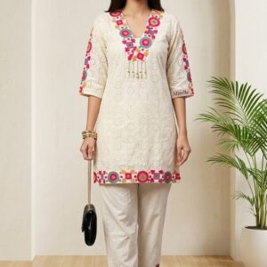 White cotton shiffley coord set with kodi work