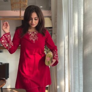 Ruby red mul Coord set with embroidery